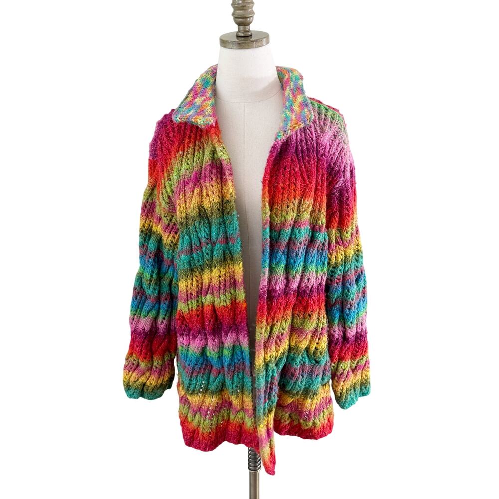 Handmade Rainbow Cable Knit Cardigan Open Front Collar VGUC One Size Fits Most